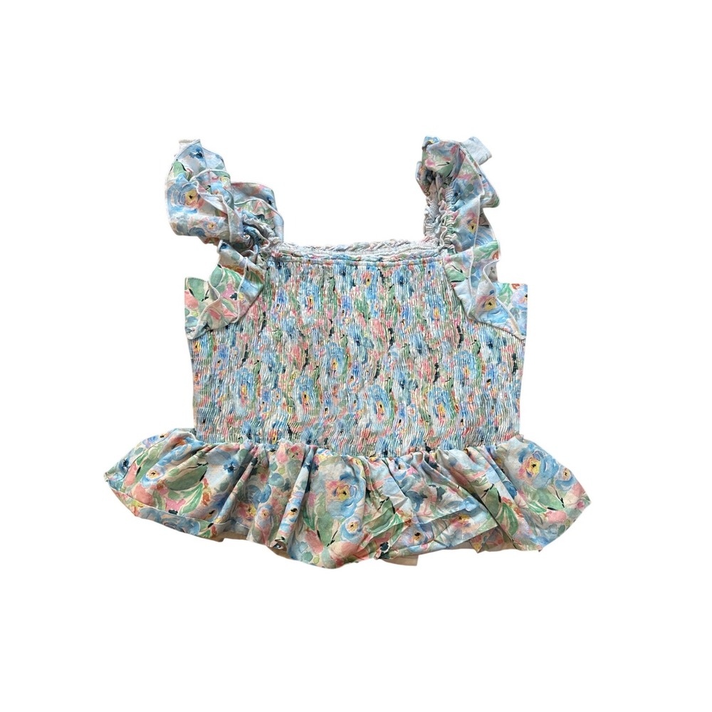 &merci Smocked Peplum Top Women Blue Floral Ruffle Strap Boho SIZE L